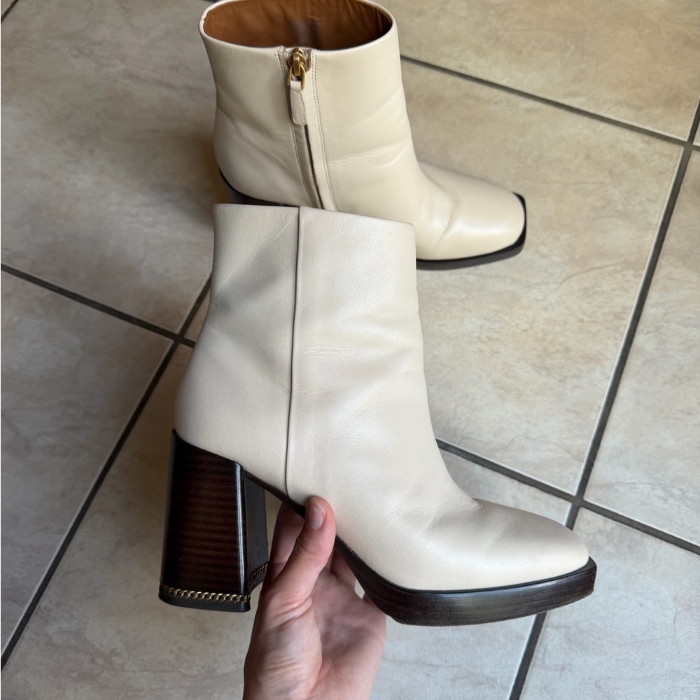 Tory Burch Ivory Leather Block Heel Ankle Boots